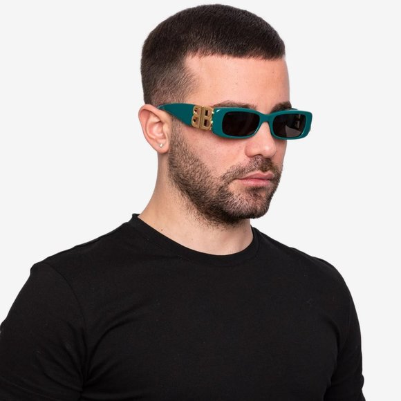 NEW Balenciaga BB0096S 006 Green Gold Logo Grey Rectangle Unisex Sunglasses - Picture 12 of 14